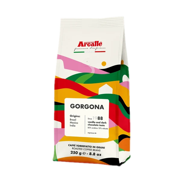 Kawa ziarnista Arcaffe Gorgona 250g, mieszanka arabiki i robusty, o nutach wanilii i ciemnej czekolady