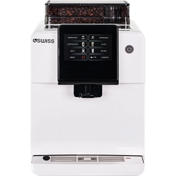 Ekspres ciśnieniowy 4Swiss Torino A12 PRO Mini w kolorze białym, widok z przodu. Urządzenie posiada pojemnik na ziarna kawy na górze, duży wyświetlacz dotykowy z ikonami różnych napojów kawowych, takich jak americano, espresso, cappuccino, latte, oraz funkcjami serwisowymi. Poniżej znajduje się wylewka oraz tacka ociekowa.