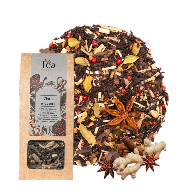 Opakowanie herbaty Złoto w Czerni obok miski z mieszanką herbaty zawierającą anyż, cynamon, imbir i inne przyprawy. Etykieta zawiera nazwę herbaty i składniki.