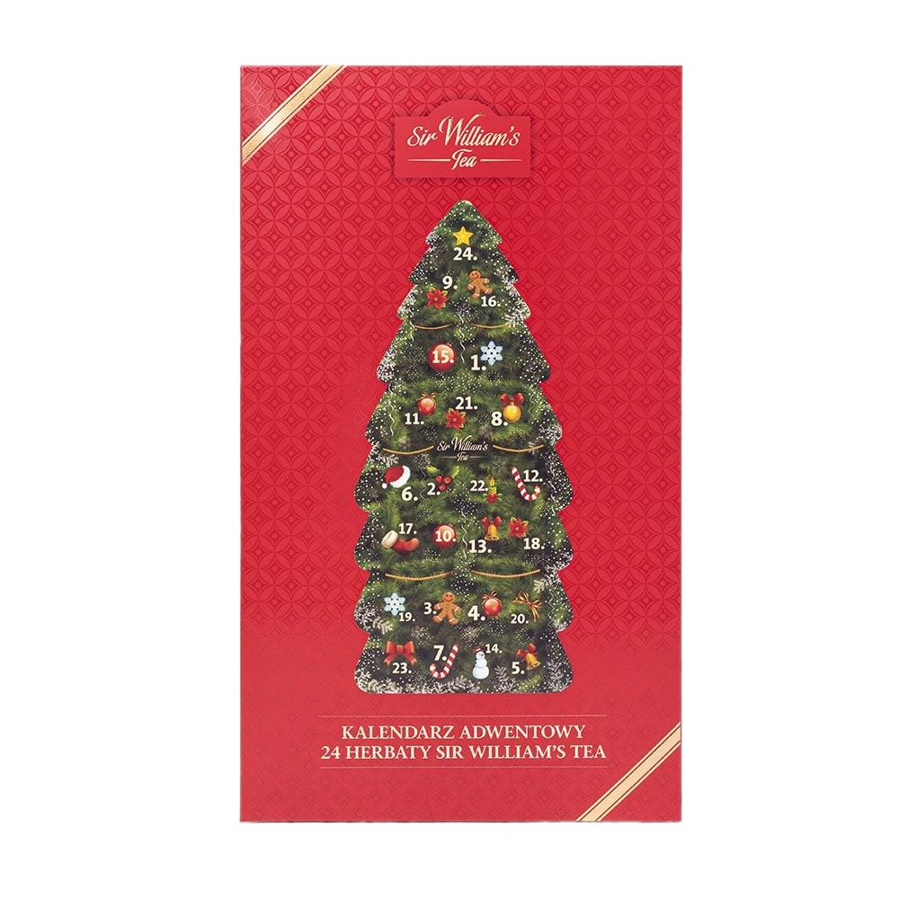 Czerwony kalendarz adwentowy Sir William's Tea z choinką i numerowanymi okienkami na 24 herbaty.