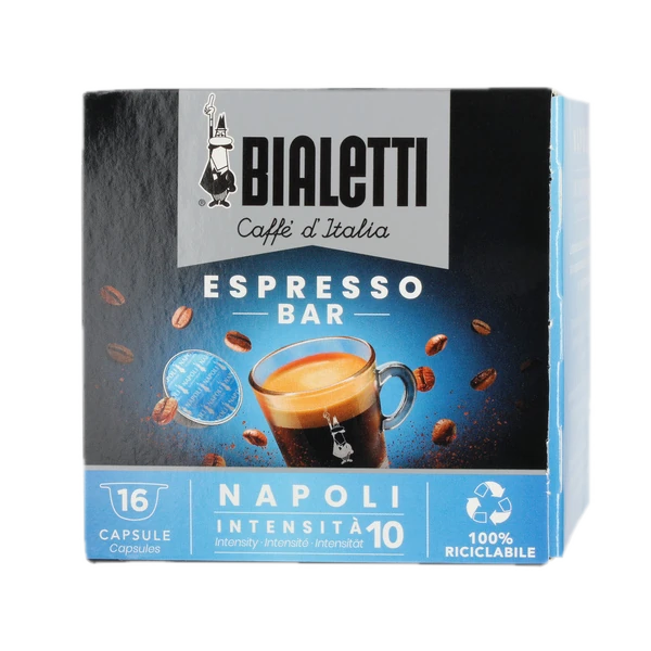 Opakowanie kapsułek do kawy Bialetti Napoli Espresso Bar, zawierające 16 sztuk. Opakowanie w kolorze czarno-niebieskim z dużym logo Bialetti na górze. Widoczna filiżanka espresso z kremową pianką oraz rozsypane ziarna kawy. Informacja o intensywności kawy (10/10) oraz logo wskazujące, że kapsułki są w 100% recyklingowane.
