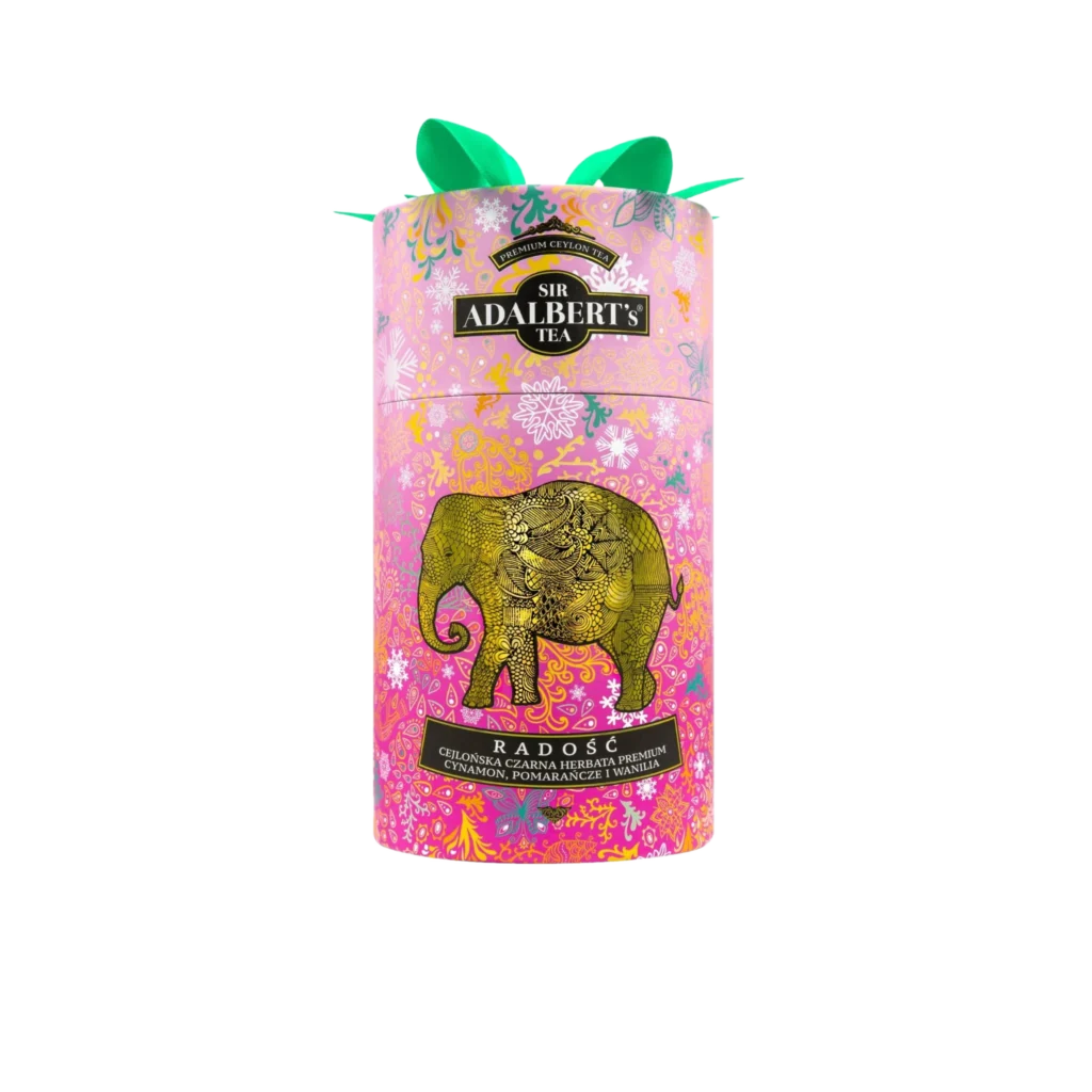 Sir Adalbert's Tea Radość - puszka prezentowa z czarną cejlońską herbatą o smaku cynamonu, pomarańczy i wanilii, w ozdobnym opakowaniu z motywem słonia, idealna na świąteczny prezent.