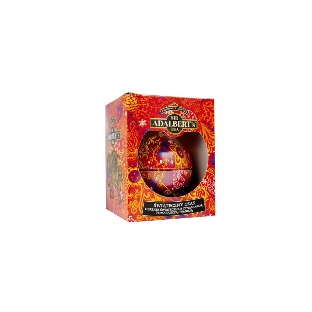 Zestaw herbaty Sir Adalbert's Tea Świąteczny Czas, w ozdobnej czerwonej bombce, smak herbaty z cynamonem, pomarańczą i wanilią, idealny prezent na święta.