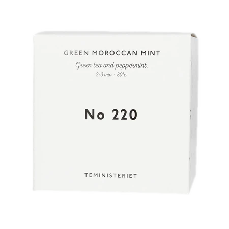 Opakowanie herbaty Teministeriet No 220 Green Moroccan Mint, zawierającej zieloną herbatę z miętą pieprzową. Idealna do zaparzania w temperaturze 80°C przez 2–3 minuty. Pudełko w minimalistycznym stylu, białe z czarnymi napisami, typowe dla marki Teministeriet.