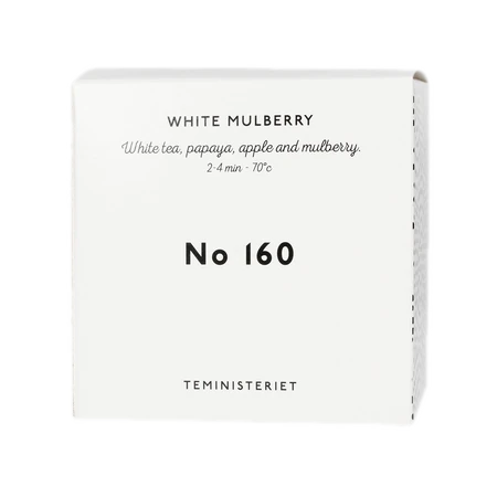 Opakowanie herbaty Teministeriet No 160 White Mulberry, zawierającej białą herbatę, papaję, jabłko oraz morwę. Herbata zalecana do zaparzania w temperaturze 70°C przez 2–4 minuty. Minimalistyczne białe pudełko z czarnymi napisami, charakterystyczne dla marki Teministeriet.