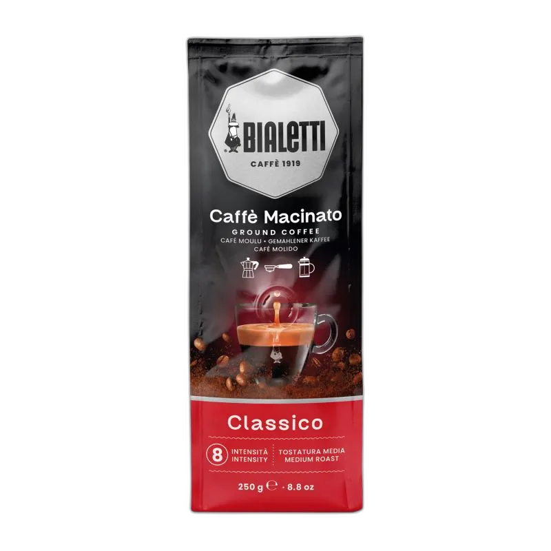 Opakowanie kawy ziarnistej Bialetti Caffè in Grani Classico o pojemności 1 kg. Czarne opakowanie z logo Bialetti, czerwonym akcentem i filiżanką espresso. Intensywność 8, średni stopień palenia, idealna do ekspresów automatycznych i młynków. Klasyczny smak włoskiej kawy dla miłośników aromatycznego espresso.